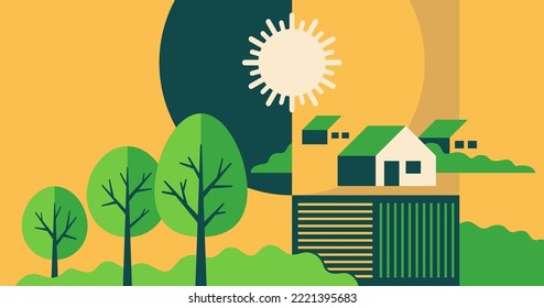 Ordenación sostenible de la tierra - iniciativas de conservación del uso de la tierra afiche. O sólo un hermoso paisaje vector abstracto