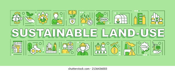 Sustainable land use word concepts green banner. Reducing climate related risk. Infographics with icons on color background. Isolated typography. Vector illustration with text. Arial-Black font used