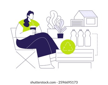 Sustainable lawn furniture abstract concept vector illustration. Man sitting on eco-friendly lawn chair, ecology care, sustainable manufacturing, recycled materials furniture abstract metaphor.