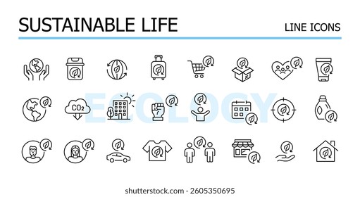 Sustainable life. Eco-friendly living, renewable energy, waste management and recycling. Vector icons set