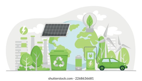 Estilo de vida sostenible y fuentes de energía alternativas. La electricidad verde y la industria. Paneles solares, molinos de viento y autos eléctricos. Reciclando y cuidando de la naturaleza. Dibujo vectorial plano de dibujos animados