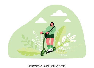 A sustainable lifestyle. Characters in a modern eco-city control a scooter. An environmentally friendly vehicle and the concept of sustainable transport. Vector illustration.