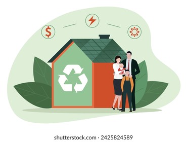 Sustainable lifestyle. Characters reduce energy consumption at home, use energy saving light bulb. Green electricity and power save concept. Vector illustration.