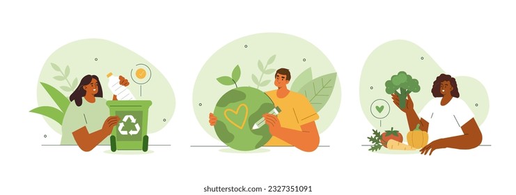 Ilustración del concepto de estilo de vida sostenible. Colecciones de personajes de hombres y mujeres reciclando basura plástica, comiendo verduras y cuidando de la naturaleza. Conjunto de ilustraciones de vectores