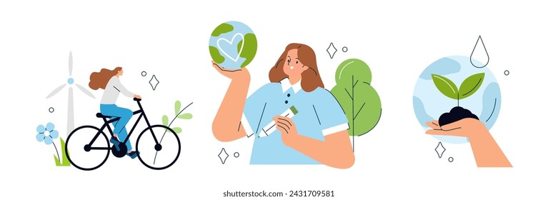 Ilustración del concepto de estilo de vida sostenible. Colecciones de personajes montando en bicicleta, plantando árboles, cuidando la naturaleza contra el cambio climático. Conjunto de ilustraciones vectoriales 