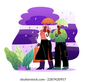 Sustainable lifestyle concept. Love, support and care in healthy relationship between man and woman. Happy couple walking in rain. Man holding umbrella over his wife. Cartoon flat vector illustration