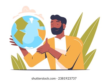 Concepto de estilo de vida sostenible. Hombre con el globo en las manos. Me importa la naturaleza y la ecología. Lucha contra los problemas mundiales. Dibujo vectorial plano de dibujos animados aislado en fondo blanco