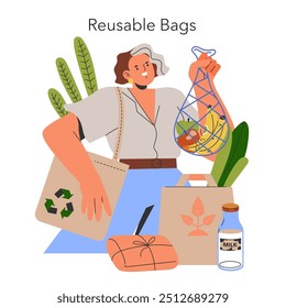 Concepto de estilo de vida sostenible. Mujer que promueve el uso de bolsas reutilizables ecológicas en medio de artículos de comestibles diarios. Compromiso con la preservación ambiental. Ilustración vectorial.