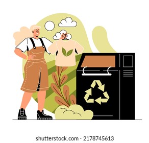 Sustainable lifestyle concept. Young girl buys Tshirt or clothing made from recycled textiles. Reuse outfits. Second hand for old clothes. Environmental Protection. Cartoon flat vector illustration