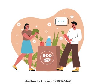 Sustainable lifestyle concept. Young man and woman eat eco friendly food, vegetables and fruits. Healthy diet with vitamins and nutrients. Vegetarianism or veganism. Cartoon flat vector illustration