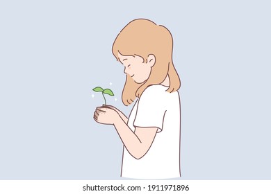 Sustainable lifestyle, ecological conversation, nature concept. Small smiling girl cartoon character standing and holding green plant with ground in hands in garden vector illustration 