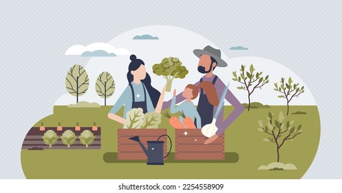 Sustainable lifestyle family with organic food growing tiny person concept. Nature friendly, sustainable and environmental countryside with local food harvest for healthy eating vector illustration.