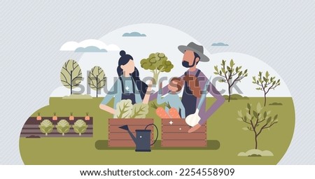 Sustainable lifestyle family with organic food growing tiny person concept. Nature friendly, sustainable and environmental countryside with local food harvest for healthy eating vector illustration.