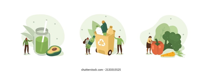 Un conjunto de ilustraciones sustentables del estilo de vida. Gente recolectando basura plástica en reciclando basureros, tratando de hacer basura cero y siguiendo la dieta vegetariana. Ilustración vectorial.