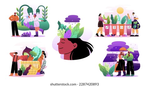 Sustainable lifestyle illustration set. Vegetable diet, alternative energy sources, waste recycling, healthy relationship and mental health. Cartoon flat vector collection isolated on white background