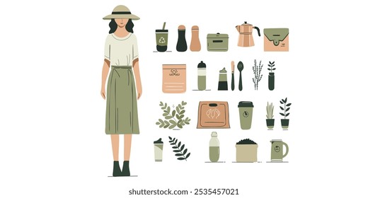 Sustainable lifestyle illustration with a woman in a hat and casual clothing, surrounded by eco-products like coffee mugs, reusable bags, and potted plants, in a modern minimalist style