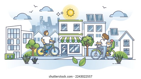 El concepto de estilo de vida sostenible y el esquema de ciudad ecológica moderna. Planeta verde con ilustración vectorial de consumo de recursos orgánicos y responsables. Conservación de la naturaleza con electricidad renovable.