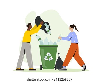 Sustainable lifestyle poster. Man and woman with plastic bottles near green trashcan. Zero waste, recycling and reuse. Care about nature and ecology, environment. Cartoon flat vector illustration