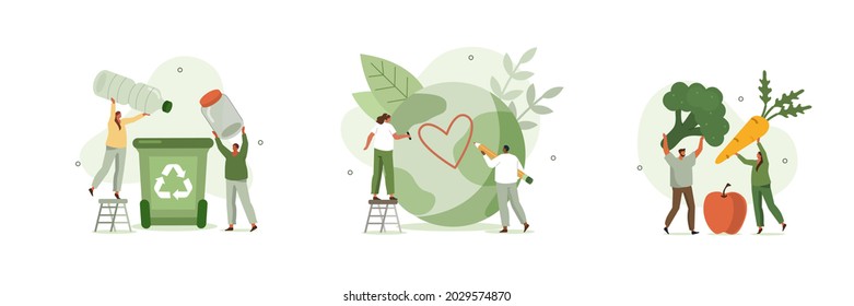 
Sustainable lifestyle set. People collecting plastic trash into recycling garbage bin, trying to save planet earth and following vegan diet. Flat cartoon vector illustration and icons set.