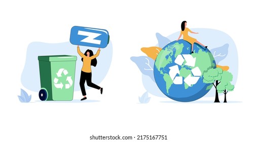 Sustainable lifestyle set. People collecting plastic trash into recycling garbage bin, trying to save planet earth and following vegan diet. Flat cartoon vector illustration and icons set. Sustainable