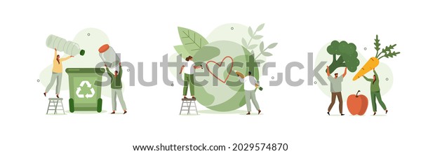 \
Sustainable lifestyle set. People collecting\
plastic trash into recycling garbage bin, trying to save planet\
earth and following vegan diet. Flat cartoon vector illustration\
and icons set.