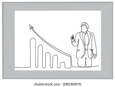 
Sustainable line drawing of Entrepreneur looking for investment opportunity standing on growth chart vector illustration