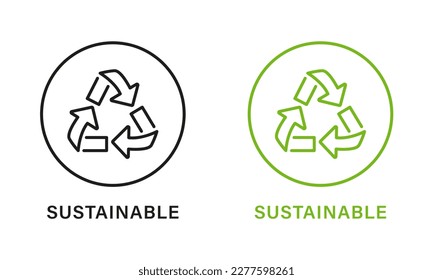 Sustainable Line Green and Black Icon Set. Sustainability Nature Pictogram. Eco Recycle Icon. Sustainable Arrow Symbol. Biodegradable Food Product Seal. Zero Waste Sign. Isolated Vector Illustration.