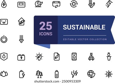 Sustainable line icons related to sustainability, environmental, ecological and recycling. Pixel perfect, minimalistic web and UI icon. Outline icon collections.