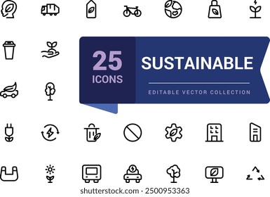 Sustainable line icons related to sustainability, environmental, ecological and recycling. Pixel perfect, minimalistic web and UI icon. Outline icon collections.