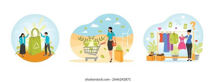 Sustainable living by a large green recyclable bag. A consumer shopping sustainably and eco friendly product. A woman selecting sustainable fashion. Environmentally friendly products concept.