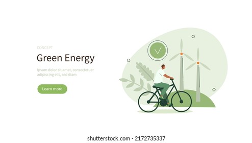 Sustainable living. Characters in modern eco city driving e-bike near windmills. Eco friendly vehicle and sustainable transportation concept. Vector illustration.
