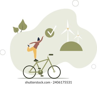 Sustainable living. Characters in modern eco city driving e-bike near windmills.flat vector illustration.