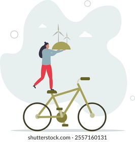 Sustainable living. Characters in modern eco city driving e-bike near windmills.flat characters.