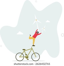 Sustainable living. Characters in modern eco city driving e-bike near windmills. character life .