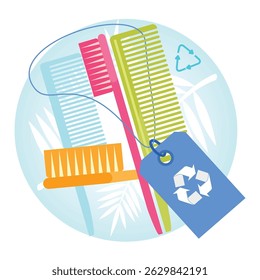 Sustainable living concepts featuring bamboo combs with a recycling tag and eco-friendly design.  Waste Reduction Concept.