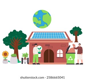 Sustainable living eco-friendly lifestyle nature conservation men people character carrying lightbulb throwing garbage recycle trash bin ecosystem eco environment solar panel energy house architecture