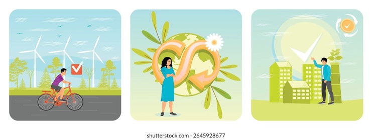 Vida sustentável e transporte ecologicamente correto. Uma mulher com um símbolo infinito englobando um globo com floral. Vida urbana sustentável com edifícios com painéis solares. Energia sustentável.