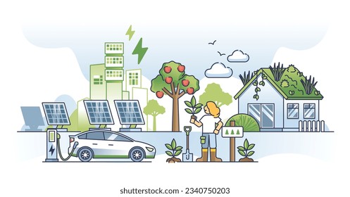 Sustainable living with ecological environmental lifestyle outline concept. Nature friendly urban gardening and electric vehicle usage as responsible life vector illustration. Solar power for home.