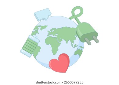 sustainable living. ESG, green energy and sustainable industry. Planet earth with recyclable batteries and electrical outlets. Renewable energy. Caring for the environment and climate.