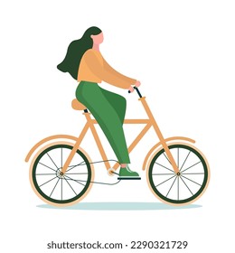 Sustainable living. Girl driving bike. Eco friendly vehicle and sustainable transportation concept. Vector illustration.