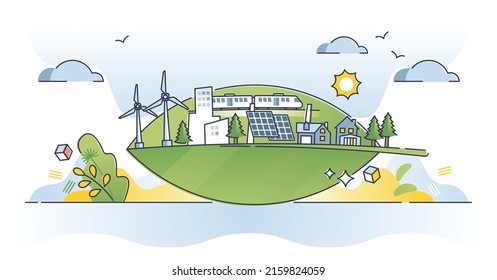 Sustainable living with green alternative energy sources outline concept. Environmental friendly housing with solar or wind power supply and modern ecological city infrastructure vector illustration.