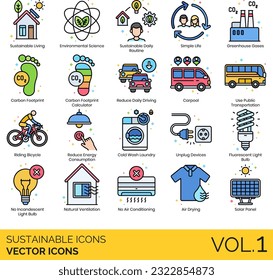 Sustainable Living Icons including Air Drying, Alternative Transportation, Bamboo Toothbrush, Bulk Purchase, Carbon Footprint Calculator, Carbon Footprint, Carpool, Cloth Towels, Clothing Rack