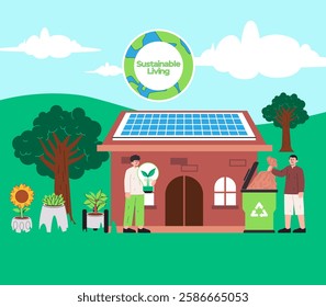 Sustainable living illustration male man people character carrying eco lightbulb throwing garbage modern technology recycle waste trash bin ecosystem environment panel solar house building garden