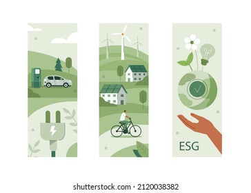 Sustainable living illustration set. ESG, green energy and sustainable industry with windmills and solar energy panels. Environmental, Social, and Corporate Governance concept. Vector illustration.
 - Shutterstock ID 2120038382