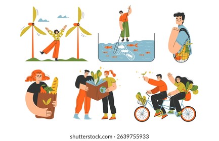 Sustainable Living Illustrations Engaging in Various EcoFriendly Activities and Lifestyles