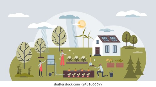 Sustainable living movement with nature friendly life tiny person concept. Farmer house with environmental power source and garden with fresh local food for zero waste lifestyle vector illustration.