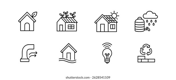 Sustainable living outline icon set - eco-friendly, renewable energy symbols
