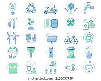 Sustainable living and planet resources saving eco icons in line art. Earth protection ecological friendly lifestyle icon set with reusing, recycling and alternative energy elements.
