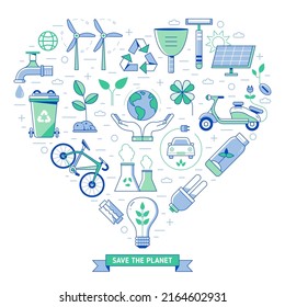 Sustainable living and planet resources saving eco icons stylized in heart shape. Earth protection ecological friendly lifestyle card print with reusing, recycling and alternative energy line icons.