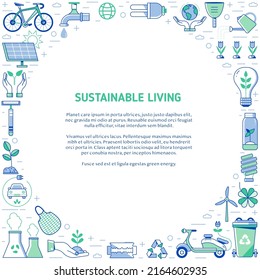 Sustainable living and planet resources saving eco frame with space for text. Earth protection ecological friendly lifestyle card print with reusing, recycling and alternative energy line icons.